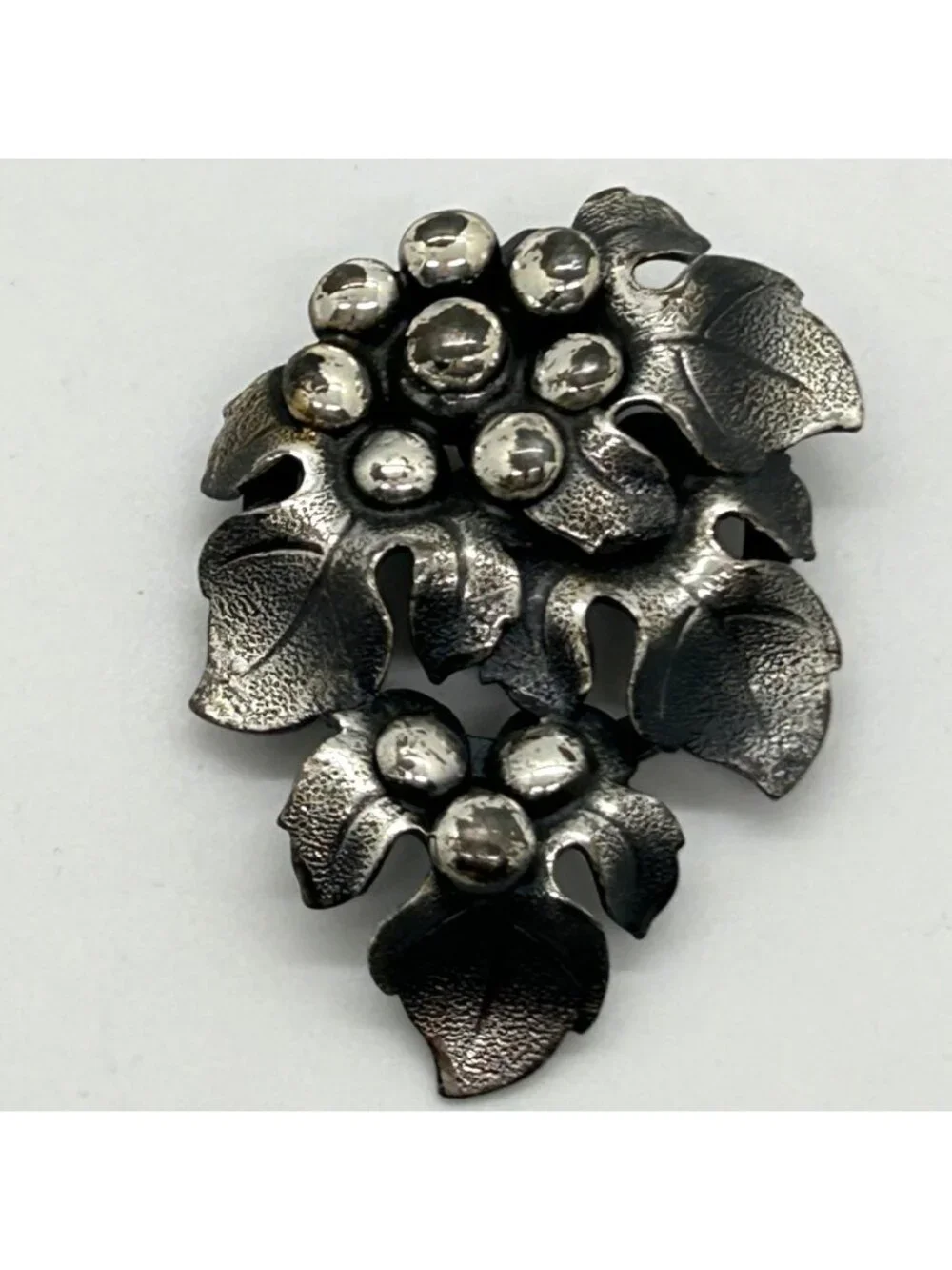 Vintage Grape Cluster Leaf Brooch Silver Tone Mid Century Modern Botanical Jewel